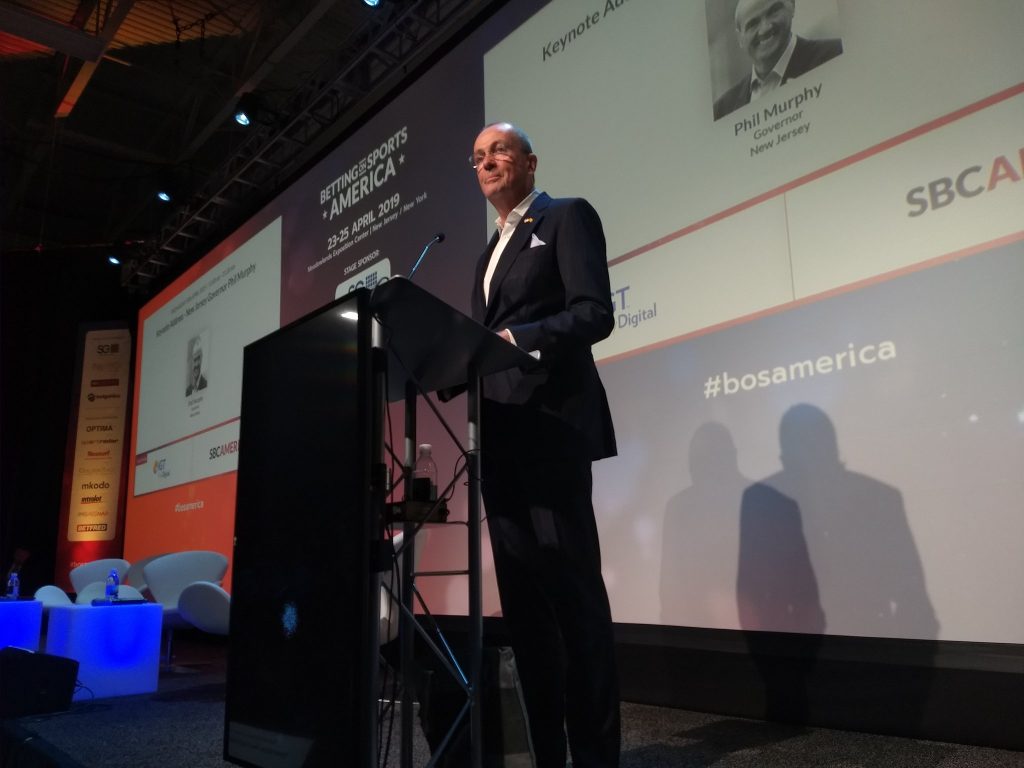 Gov. Phil Murphy speaks at the Betting on Sports America 2019 Conference at the Meadowlands Exposition Center on April 24, 2019.