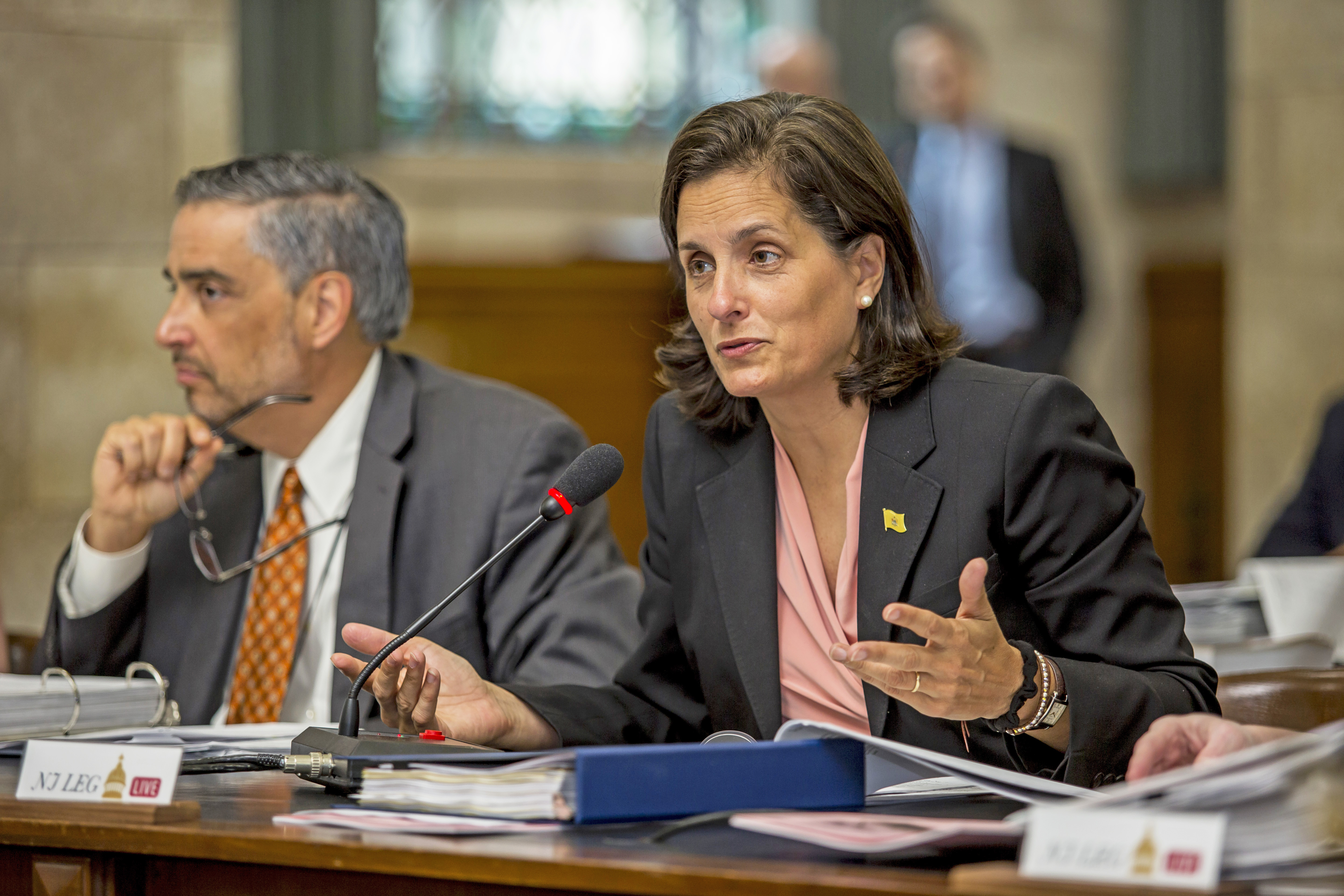 New Jersey Treasurer Elizabeth Maher Muoio answers questions after giving her report to the NJ Senate Budget and Appropriations Committee meeting on May 14, 2019.