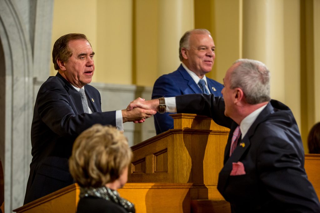 Assembly Speaker Craig Coughlin greets Gov. Phil Murphy before the 2020 State of the State address in Trenton on Jan. 14, 2020.