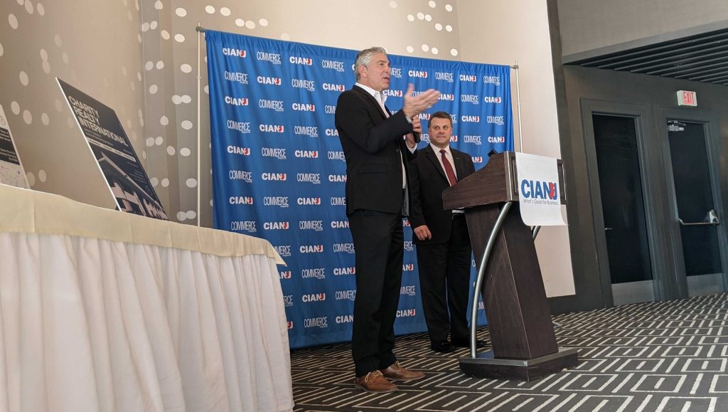 From left, Choose NJ Business Development Officer Frank Danieli and CIANJ President Tony Russo speak Jan. 23, 2020 at an open networking event with international delegates from more than 10 countries hosted by the New Jersey Economic Development Authority, the Commerce and Industry Association of New Jersey, and Choose New Jersey in Weekawken.
