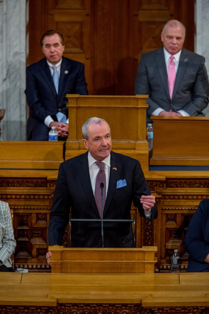 Assembly Speaker Craig Coughlin, Gov. Phil Murphy and Senate President Stephen Sweeney at Murphy's 2021 budget address in Trenton on Feb. 25, 2020.