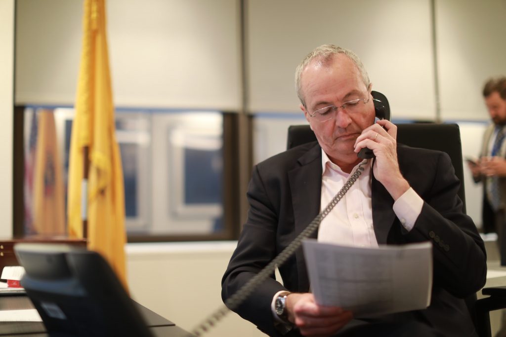 Gov. Phil Murphy holds conference calls on coronavirus updates with the department of health, school leaders, business community, and local and county officials on March 3, 2020.