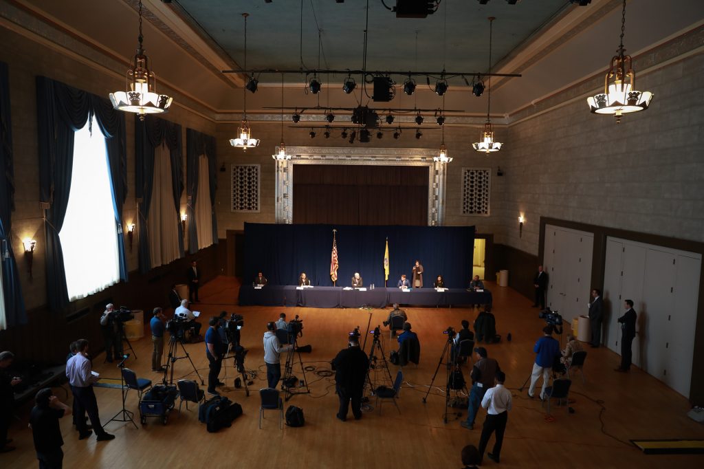Social distancing in full effect at Gov. Phil Murphy's coronavirus press conference on March 19, 2020 in Trenton.