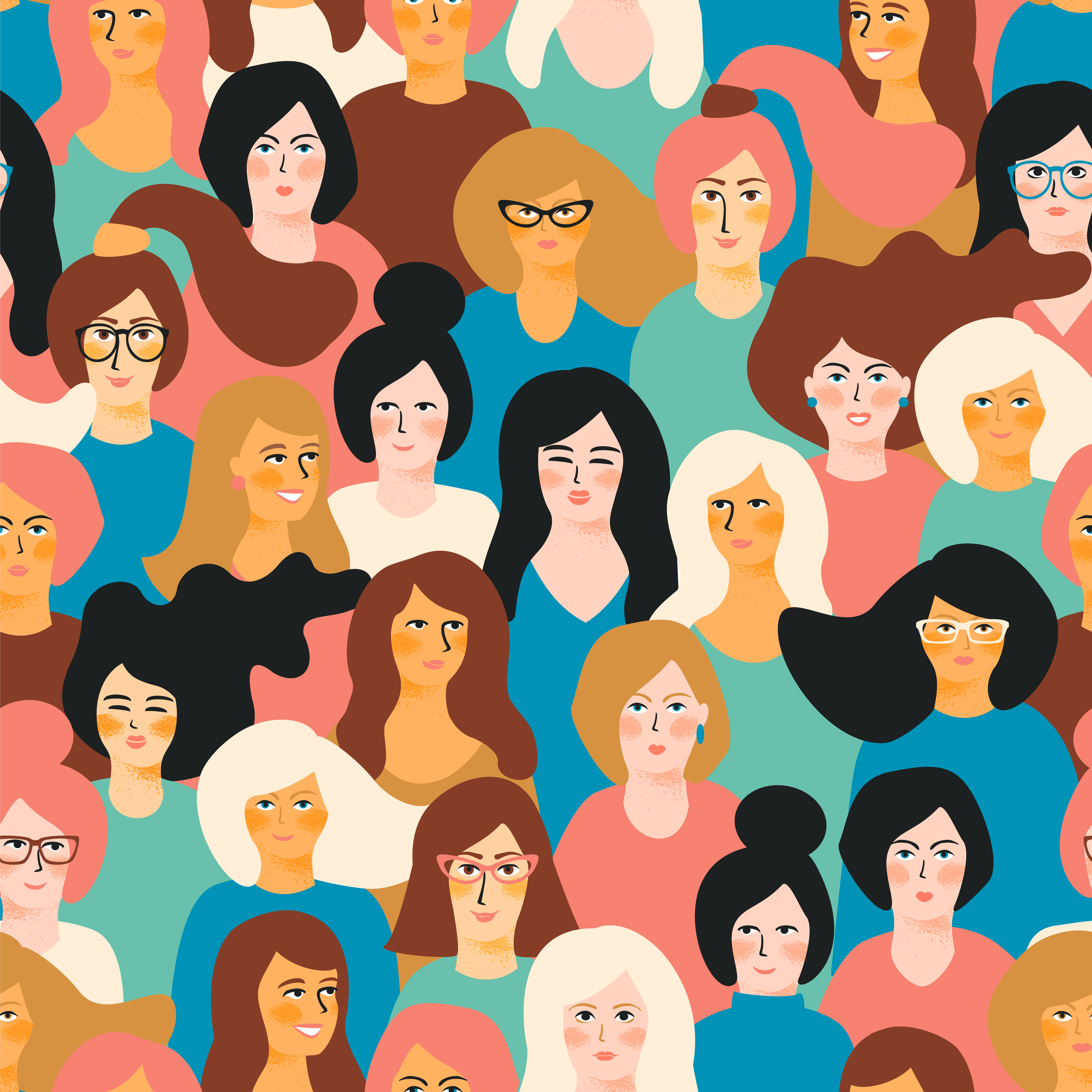 International Womens Day. Vector seamless pattern with women faces. Design element.