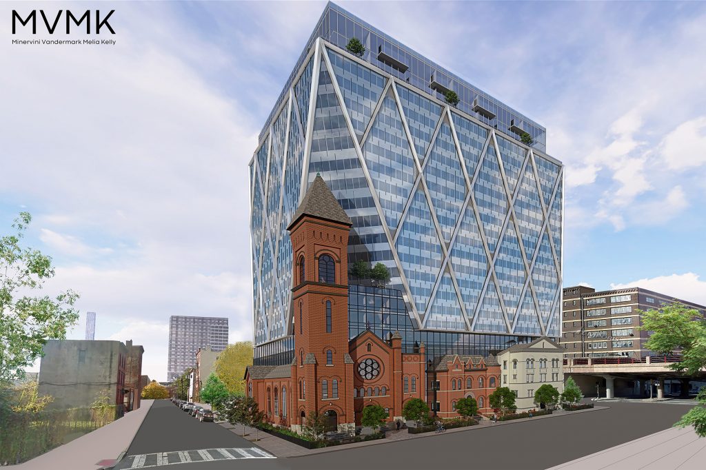 Rendering for Claremont Development's transformation of the property around St. Lucy’s Church.