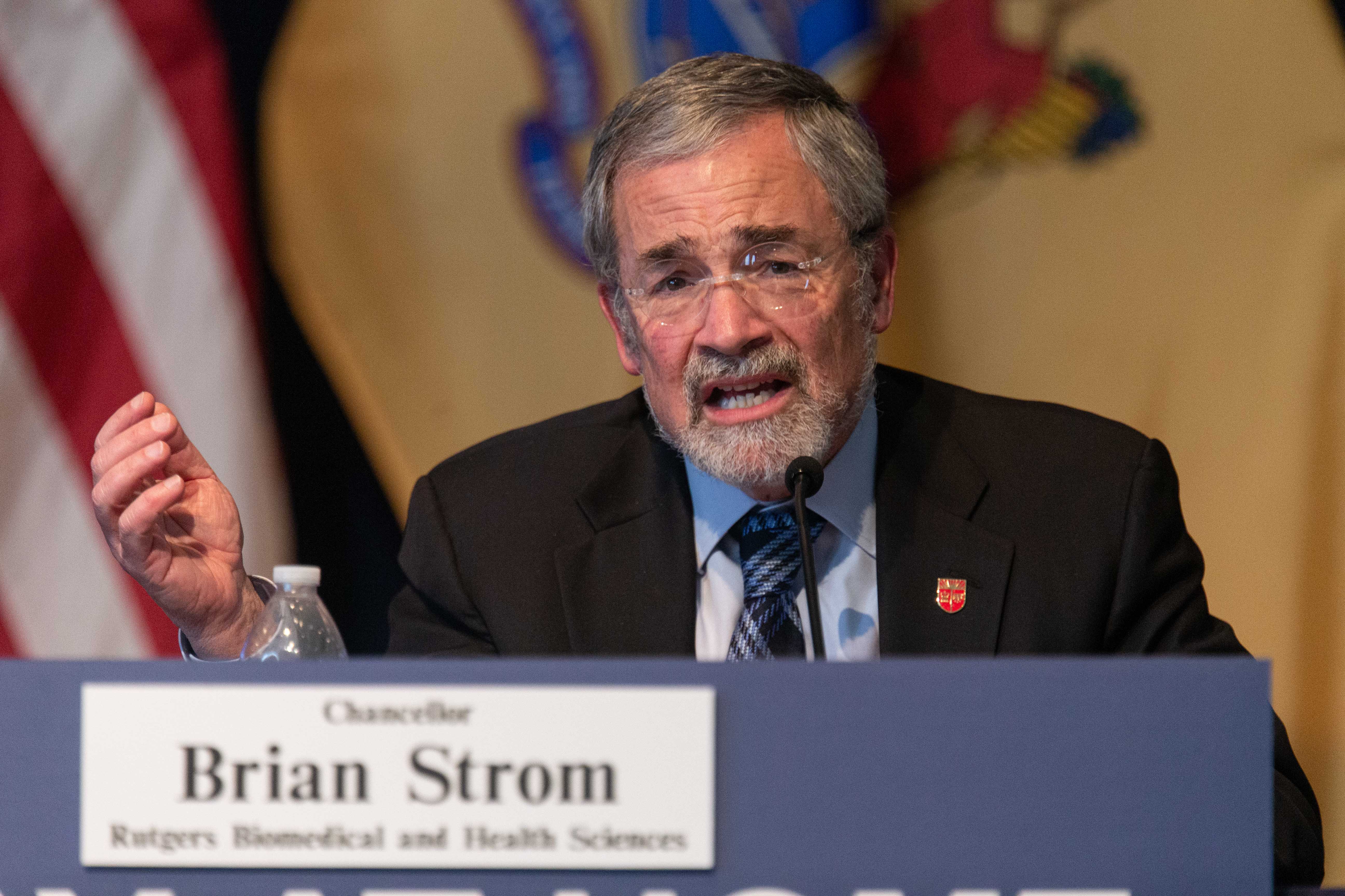 Rutgers Biomedical and Health Sciences Chancellor Brian Strom joins Gov. Phil Murphy at his daily COVID-19 press briefing in Trenton on April 24, 2020.