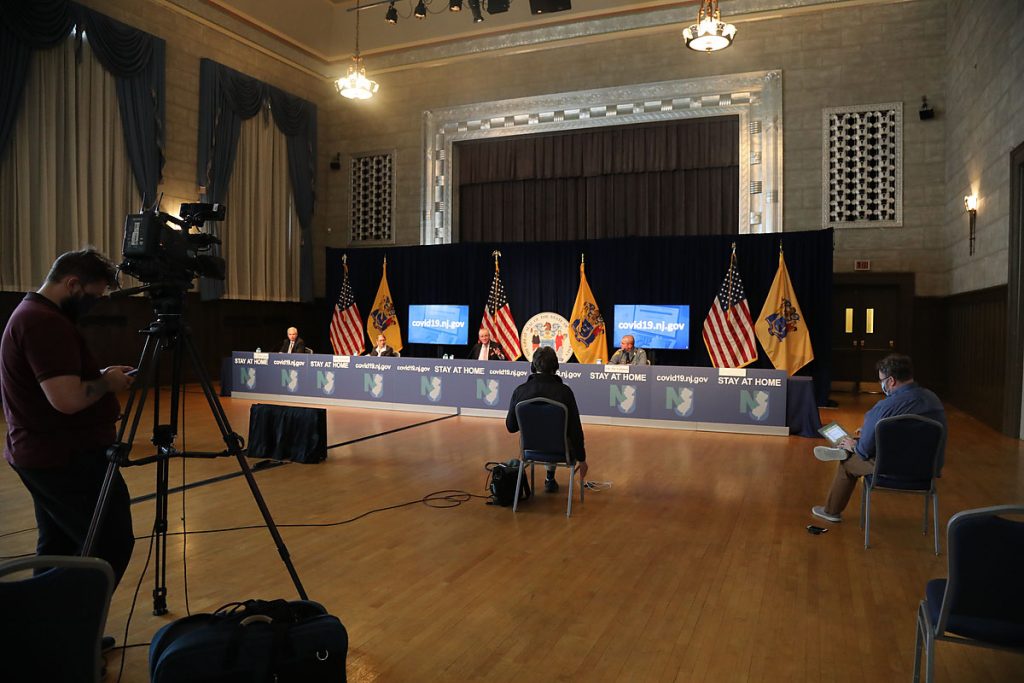 Gov. Phil Murphy holds his his daily COVID-19 press briefing at the the War Memorial in Trenton on May 19, 2020.