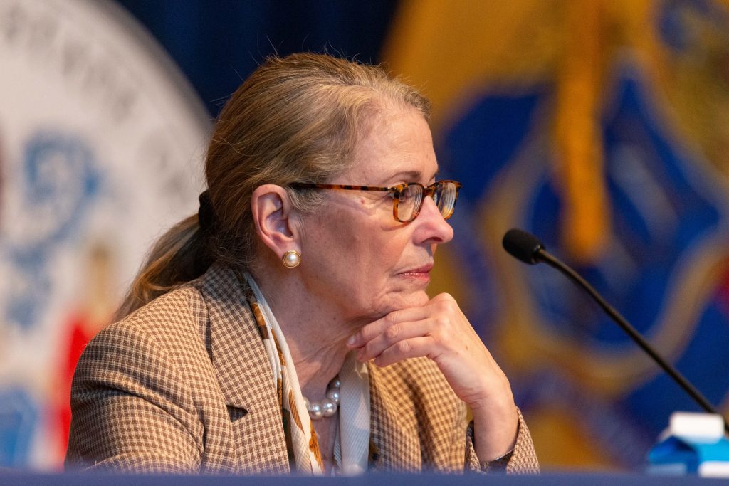 New Jersey Health Commissioner Judith Persichilli at the May 28, 2020, COVID-19 press briefing at the War Memorial in Trenton.