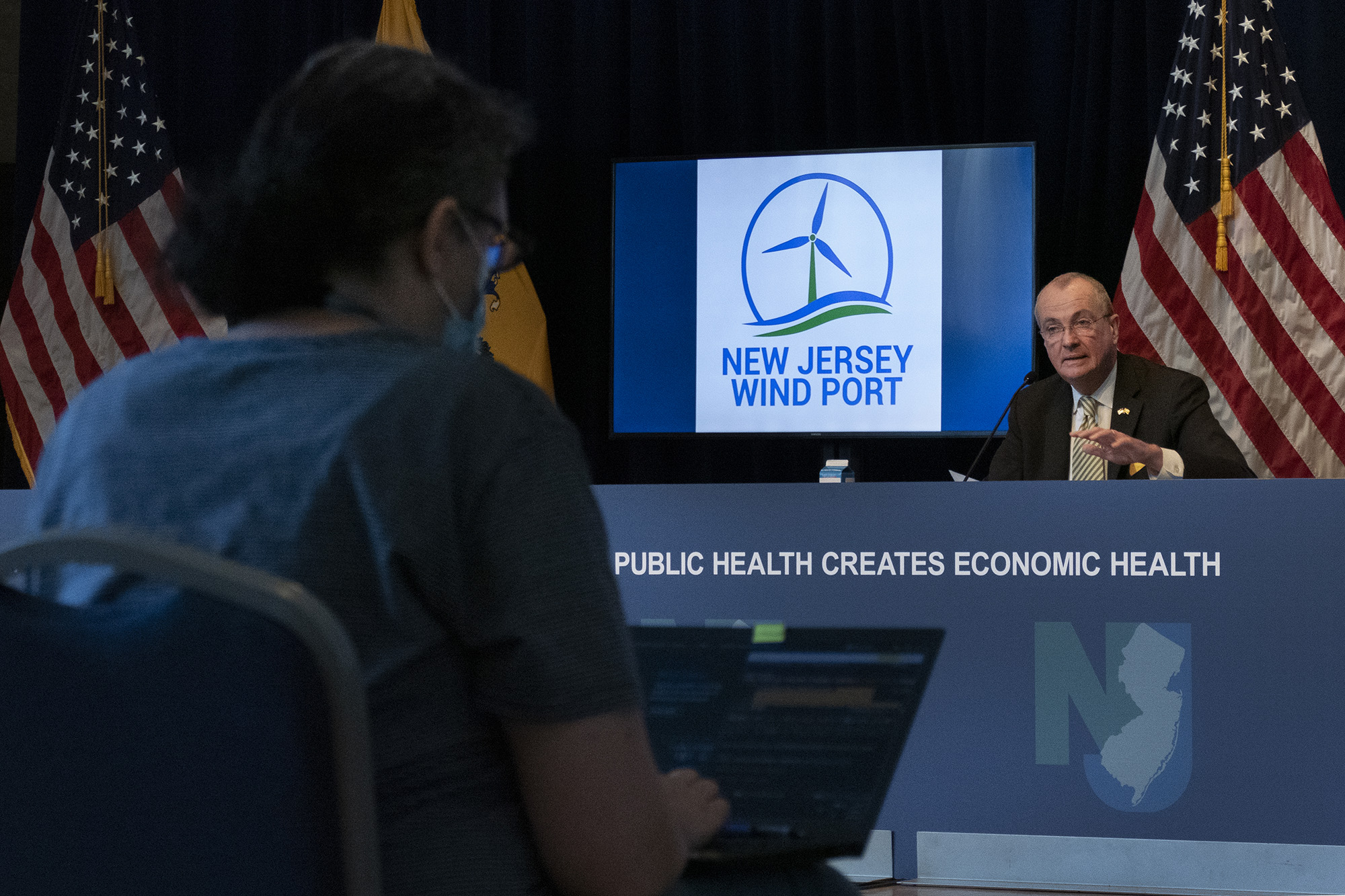 Gov. Phil Murphy discussed the New Jersey Wind Port, a new hub for New Jersey’s budding offshore wind power industry, during his daily press COVID-19 briefing in the George Washington Ballroom in the Trenton War Memorial on June 6, 2020.