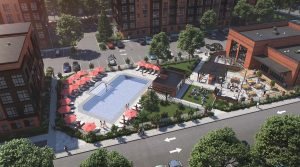 Rendering for Vermella East's pool and outdoor lounge. - RUSSO DEVELOPMENT