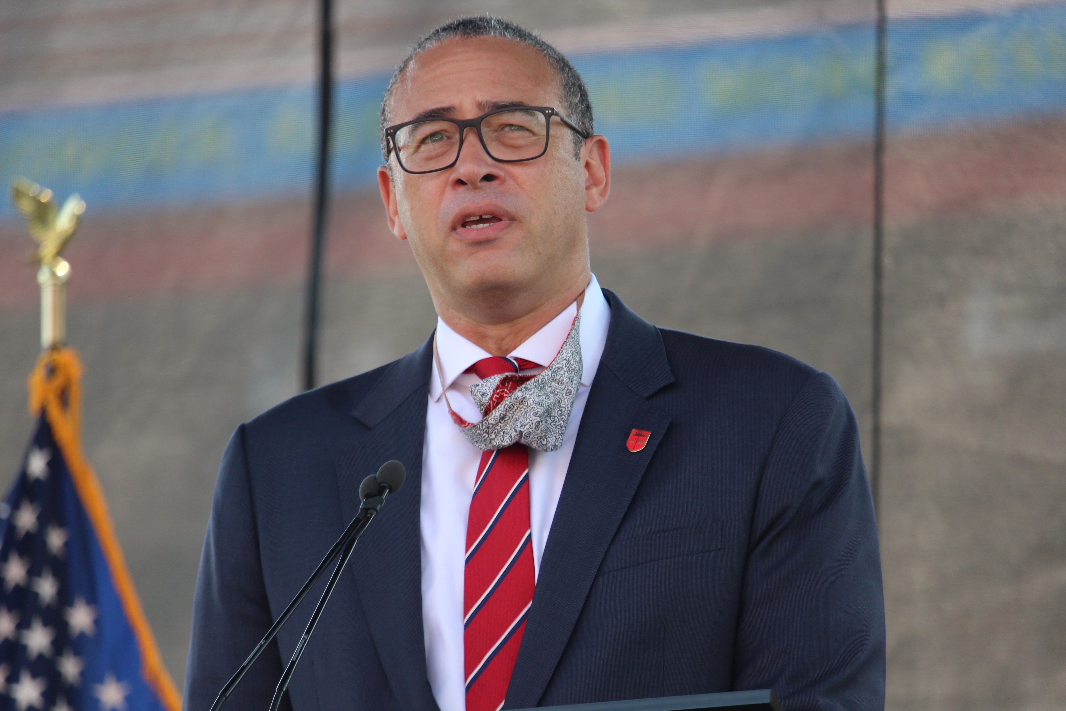 Rutgers University President Jonathan Holloway delivers remarks at SHI Stadium in Piscataway ahead of Gov. Phil Murphy's revised Fiscal Year 2021 budget address on Aug. 25, 2020.