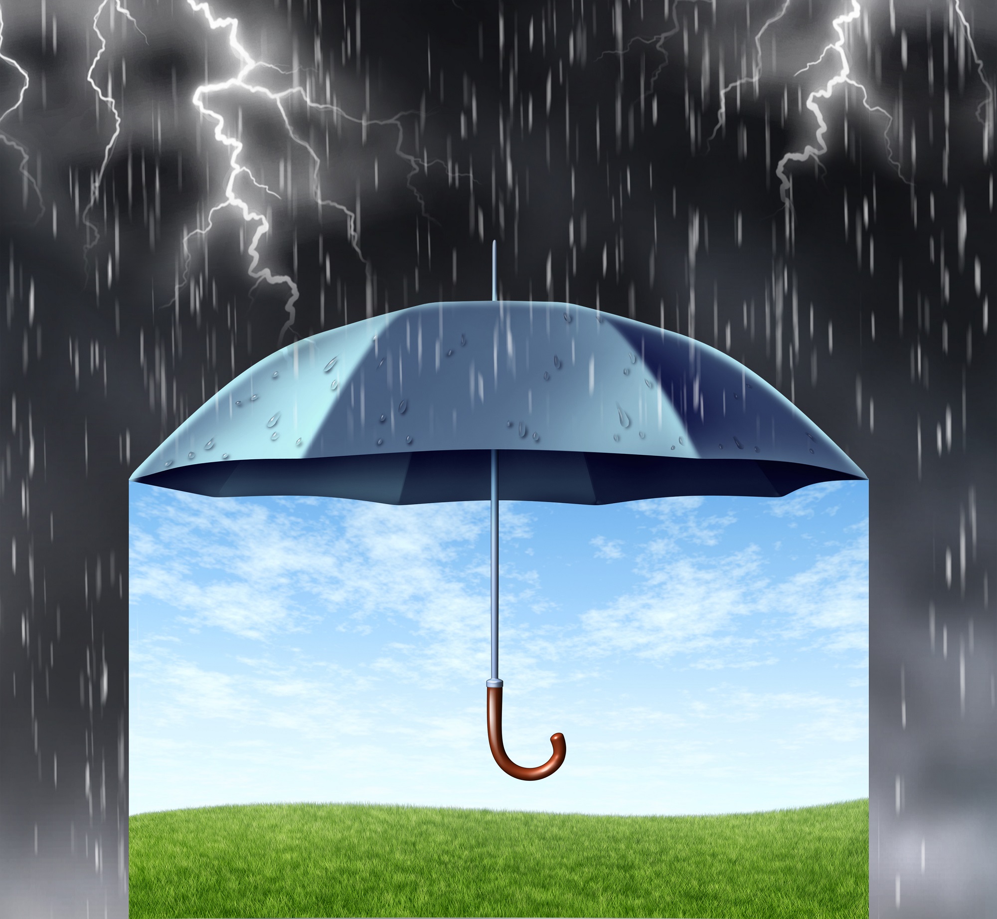 Insurance protection concept with a black umbrella covering and protecting from a dark dangerous thunder rain storm with lightning and under is a peaceful safe summer landscape with green grass and a blue sky.