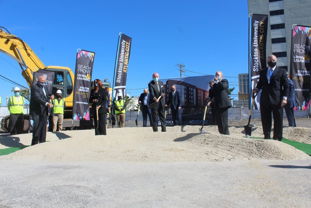 From left, Jon Hanson, founder and chairman of The Hampshire Cos.; Lt. Gov. Sheila Oliver; Gov. Phil Murphy, Stockton University President Harvey Kesselman; and Senate President Stephen Sweeney at the groundbreaking for Stockton University dorm in Atlantic City on Oct. 14, 2020. - DANIEL J. MUNOZ
