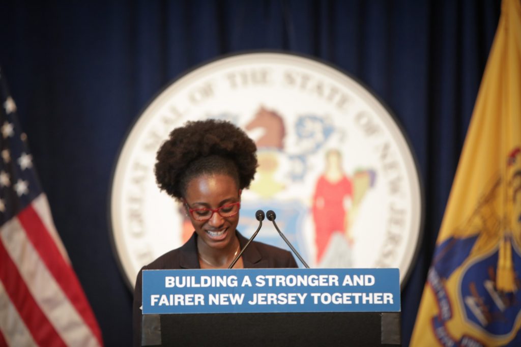 Gov. Phil Murphy announces Dianna Houenou as chair of the Cannabis Regulatory Commission and that Jeff Brown will serve as executive director of the Commission at the Trenton War Memorial on Nov. 6, 2020.