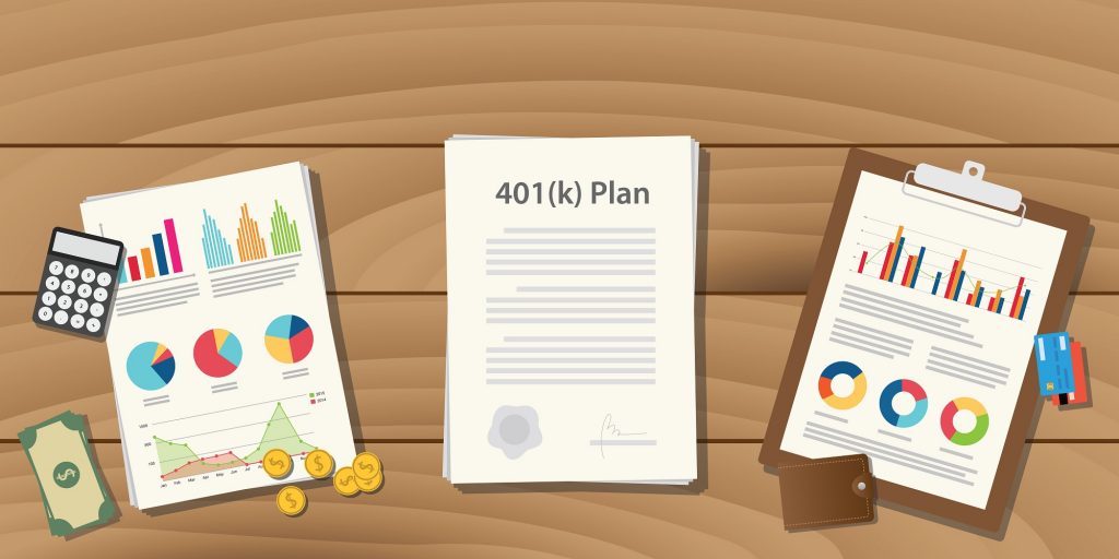 401 k plan illustration concept with paperwork with graph and chart and money calculator on top of the table vector