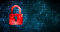 Safety concept: pixelated Closed Padlock icon on digital background, empty copyspace for card, text, advertising