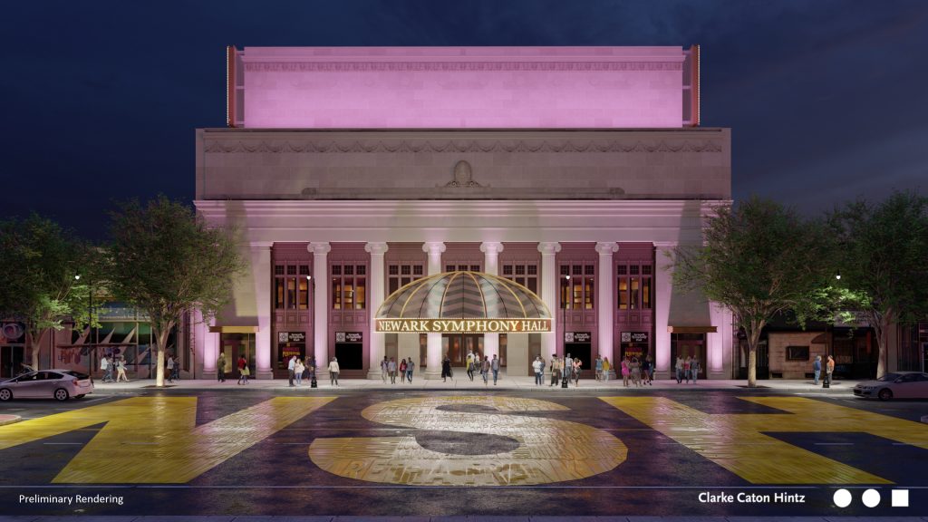 A rendering of the plaza planned for the front of Newark Symphony Hall on Broad St., released on May 5, 2021.