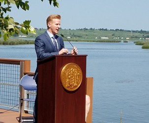 New Jersey Department of Environmental Protection Commissioner Shawn M. LaTourette at a press conference at Laurel Hill Park in Secaucus discusses efforts to have the Biden administration declare the decades-long polluted Hackensack River as a Superfund site on July 23, 2021.