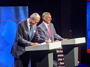 Gov. Phil Murphy and former state Assemblyman Jack Ciattarelli at the gubernatorial debate at New Jersey Performing Arts Center on Sept. 28, 2021.