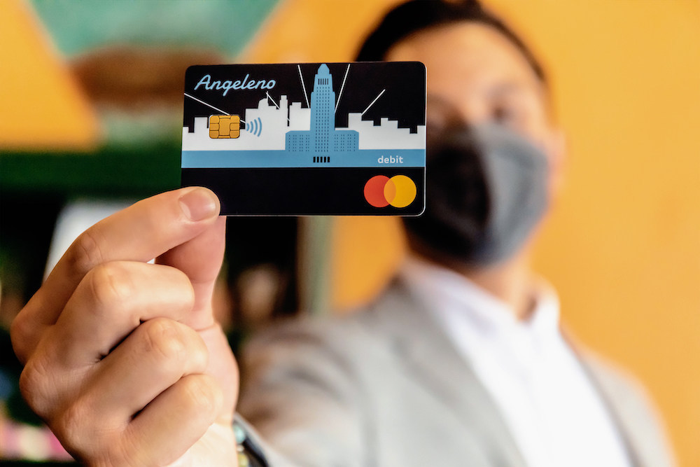 The Angeleno Connect Bank Account Debit Mastercard is pictured. The Angeleno Connect Bank Account launched on Sept. 8, 2021, from MoCafI with Los Angeles Mayor Eric Garcetti and the City of LA.