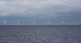 Offshore wind turbines or windmills.
