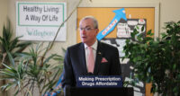 Gov. Phil Murphy, state Sen. Troy Singleton, Assemblyman John McKeon, Department of Banking and Insurance Commissioner Marlene Caride and Director of the Office of Health Care Affordability and Transparency Shabnam Salih announce support for a package of bills aimed at lowering health care prescription costs in Willingboro Township on Feb. 14, 2022