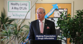 Gov. Phil Murphy, state Sen. Troy Singleton, Assemblyman John McKeon, Department of Banking and Insurance Commissioner Marlene Caride and Director of the Office of Health Care Affordability and Transparency Shabnam Salih announce support for a package of bills aimed at lowering health care prescription costs in Willingboro Township on Feb. 14, 2022