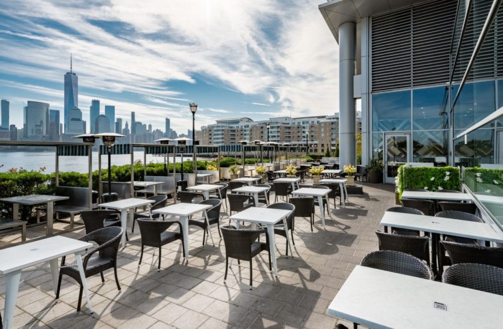 3 Second St. at Harborside in Jersey City features an outdoor patio along the Hudson River.