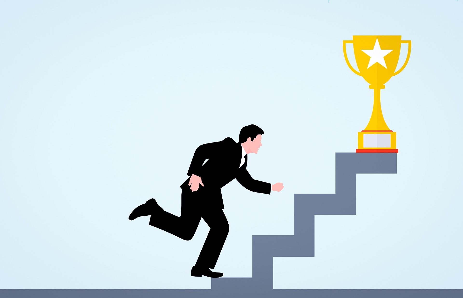 Businessman chasing trophy upstairs.