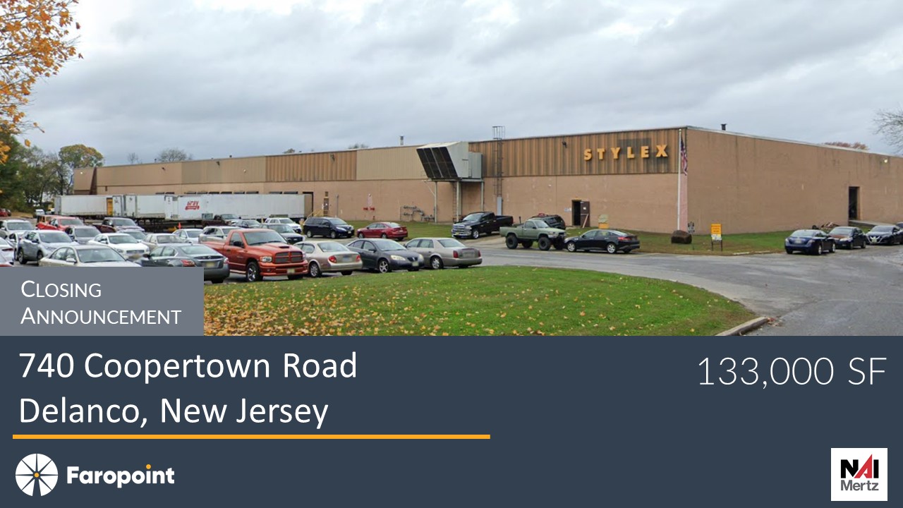 NAI Mertz completed the sale of an approximately 140,000-square-foot industrial building located at 740 Coopertown Road in Delanco to buyer Faropoint.