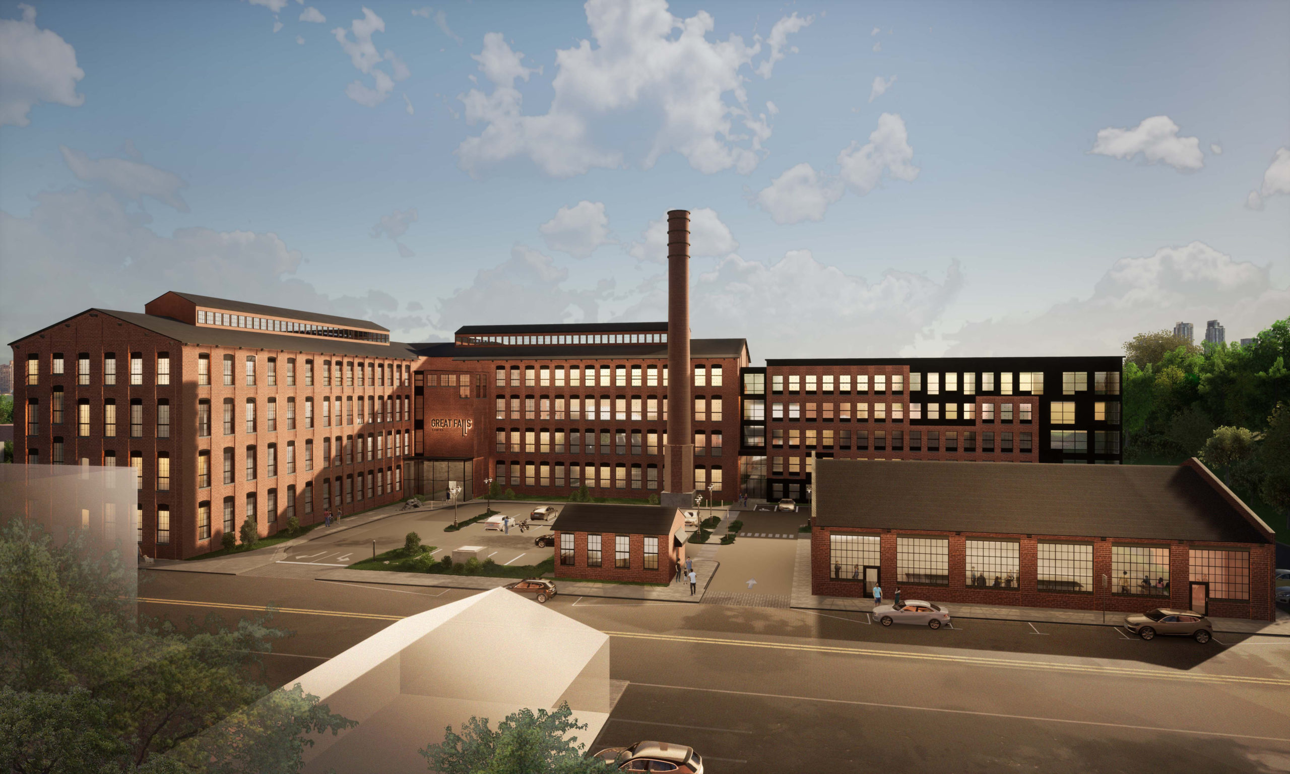 Aerial rendering for the Great Falls Loft mixed-use development proposed for the site of the former Miesch Manufacturing mill in Paterson.