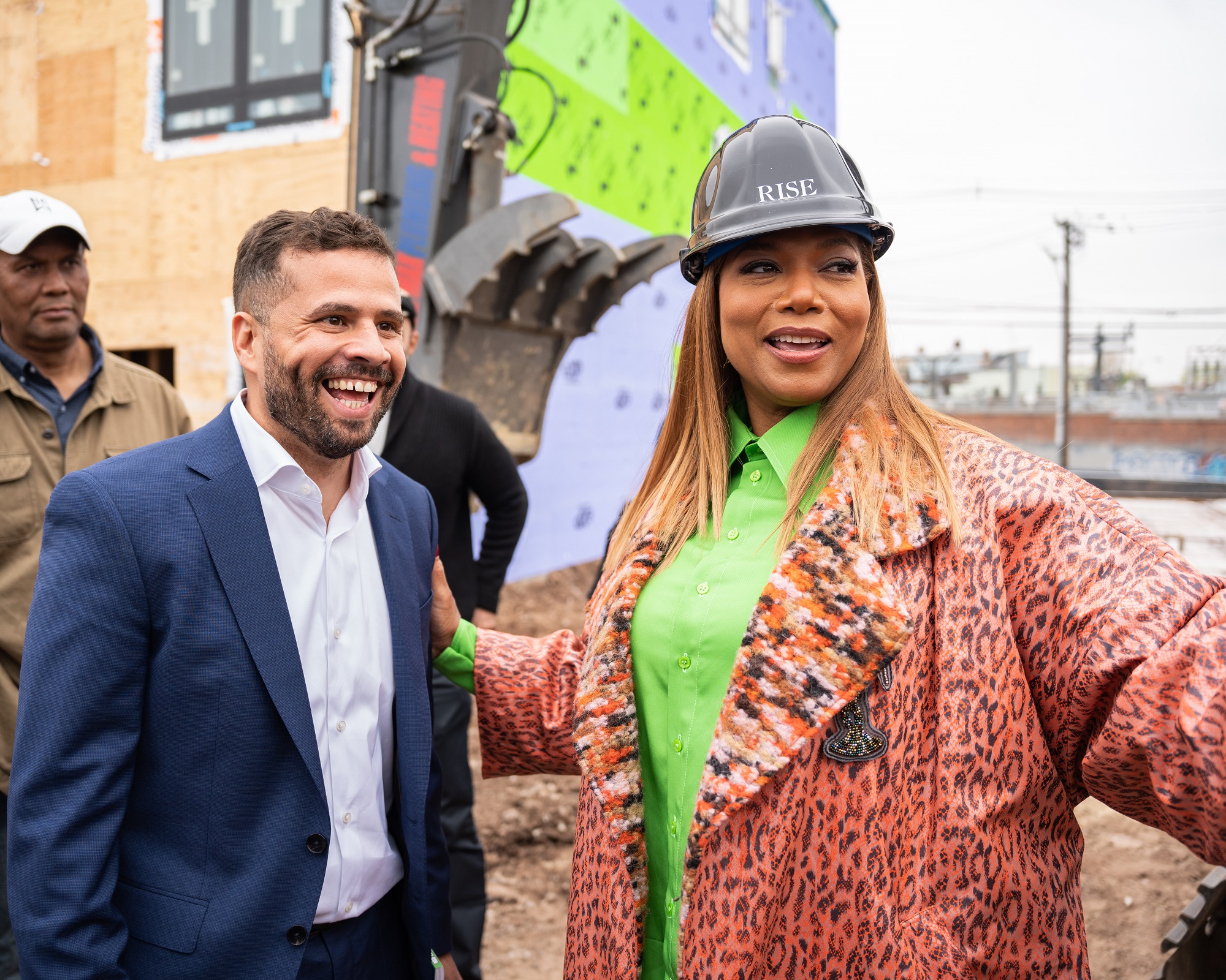 BlueSugar Corp. co-founder Dana Owens, aka Queen Latifah, and Life Assets Development CEO Alberto Goncalves celebrate the groundbreaking for Rise Living in Newark on April 26, 2022.
