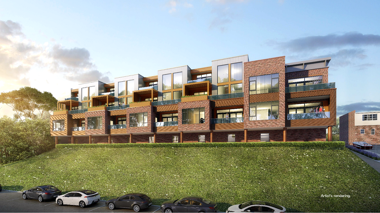 Exterior rendering for Southbank at the Navesink, a four-story, 10-unit luxury waterfront condominium project located at 4 Boat Club Court in Red Bank from Denholtz Properties.