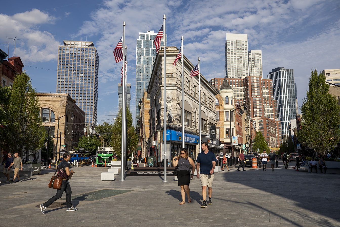 The finished Newark Pedestrian Plaza in Jersey City on July 10, 2022.