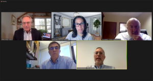 Clockwise from top left, NJBIZ Chief Editor Jeff Kanige, Andrea Diaz, partner, SKC & Co. CPAs; Joe Andolino, tax director, Smolin, Lupin & Co.; Charles Rosenberg, vice president, Intac/FuturePlan; and Peter Ulrich, director, Corporate Group, Gibbons PC take part in the NJBIZ Tax Planning virtual panel discussion Nov. 29, 2022.