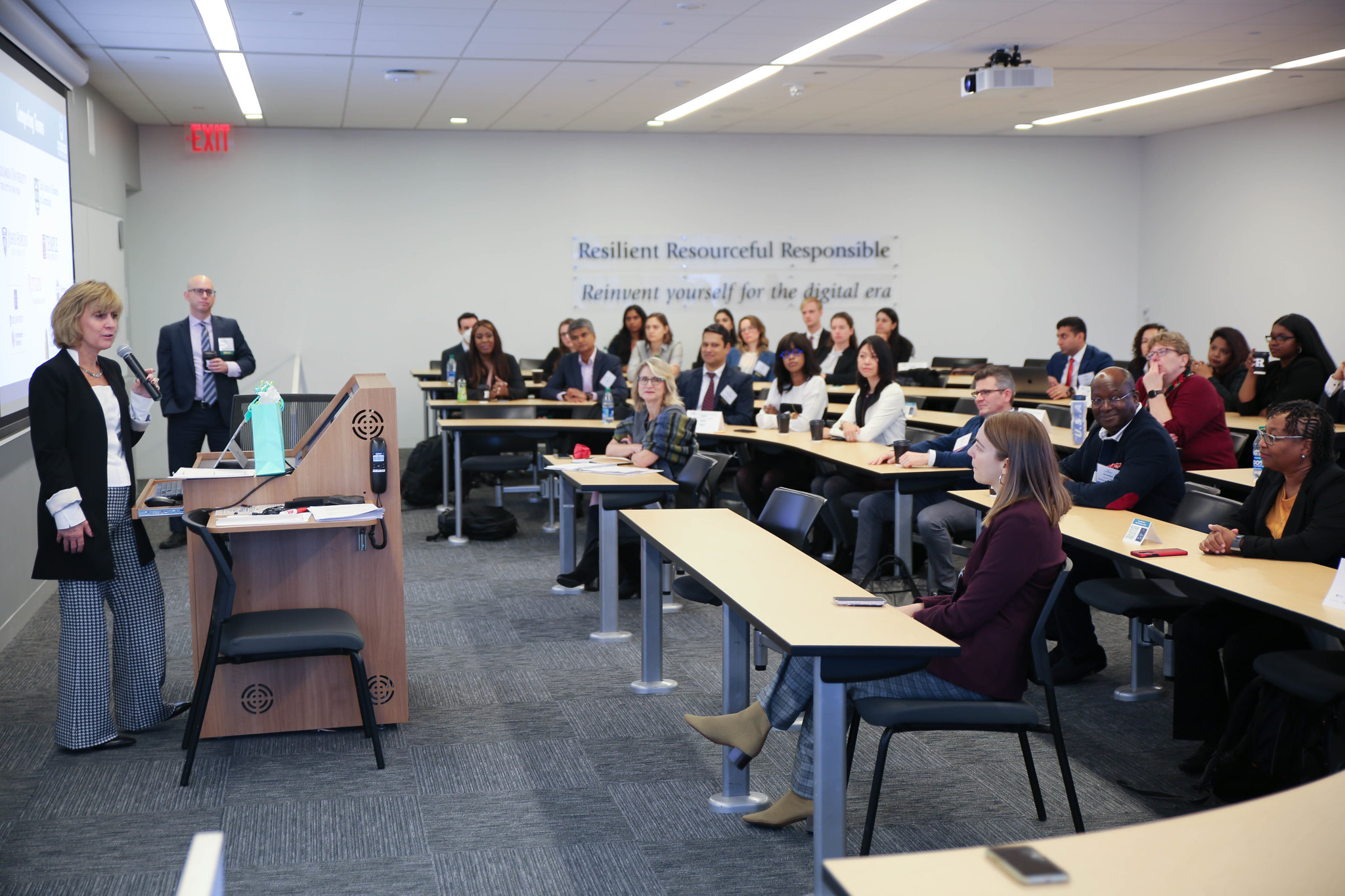 BIoNJ President and CEO Debbie Hart speaks during the group's Inaugural Health Equity in Clinical Trials MBA Business Plan Case Competition, held Dec. 3, 2022, at Rutgers Business School.