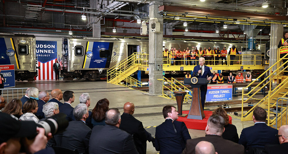 Gov. Phil Murphy joins President Biden, U.S. Secretary of Transportation Pete Buttigieg, and New York Gov. Kathy Hochul to highlight bipartisan infrastructure law funding for the Hudson River Tunnel Project on Jan. 31, 2023.