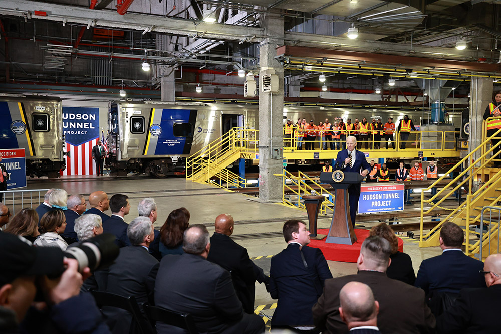 Gov. Phil Murphy joins President Biden, U.S. Secretary of Transportation Pete Buttigieg, and New York Gov. Kathy Hochul to highlight bipartisan infrastructure law funding for the Hudson River Tunnel Project on Jan. 31, 2023.