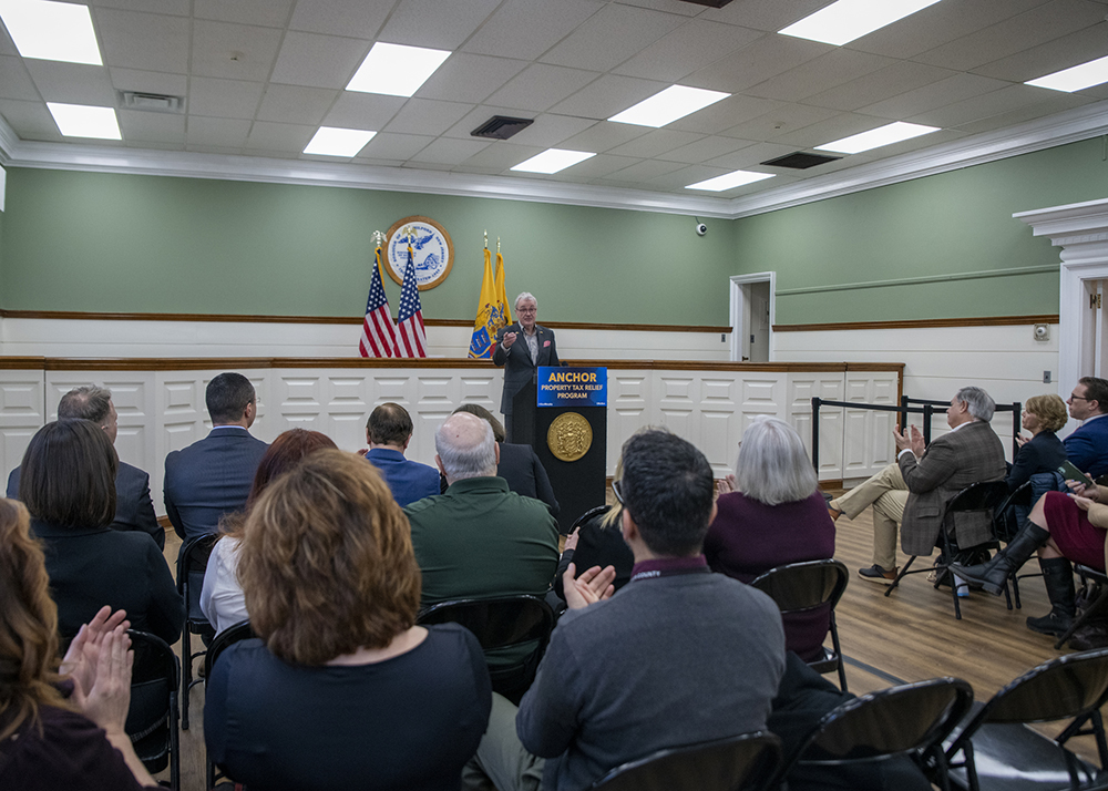 Gov. Phil Murphy and Treasurer Elizabeth Maher Muoio announce that approximately 1.7 million New Jersey homeowners and renters applied for the first year of the state's ANCHOR property tax relief program at the New Milford Boro Hall in New Milford on March 1, 2023.