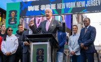 Gov. Phil Murphy and New York City Mayor Eric Adams kick off New York/New Jersey’s FIFA World Cup 2026 efforts and formally reveal New York/New Jersey's host city brand in Times Square on May 18, 2023.
