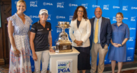 From left: Kathryn Tappen, on-air personality for NBC Sports and TNT, as well as host of the KPMG Women's Leadership Summit; Stacy Lewis, Solheim Cup captain and KPMG ambassador; Yesenia Scheker-Izquierdo, KPMG New York office managing partner; Greg Boring, director of grounds, Baltusrol Golf Club; and Jackie Endsley, championship director, KPMG Women's PGA Championship.