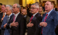 From left, former governors James Florio, Donald DiFrancesco, James McGreevey and Richard Codey at the 2020 State of the State address in Trenton.