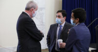 From left, Gov. Phil Murphy, Chief of Staff George Helmy and Chief Counsel Parimal Garg in Newark on March 15, 2021.