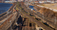 The Amtrak-owned Sawtooth Bridges, outlined in yellow, carry more than 400 Amtrak and NJ Transit trains per day over tracks used by NJ Transit, PATH and Conrail freight trains.