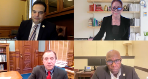 Clockwise from top left: Senate President Nick Scutari, D-22nd District, Assemblywoman Yvonne Lopez, D-19th District, Sen. Troy Singleton, D-7th District, and Assembly Speaker Craig Coughlin, D-19th District, hold a virtual press conference on affordable housing Dec. 18.