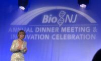 Debbie Hart, president and CEO of BioNJ, addresses a packed room gathered at the East Brunswick Hilton for the organization’s Annual Dinner Meeting & Innovation Celebration in 2023.