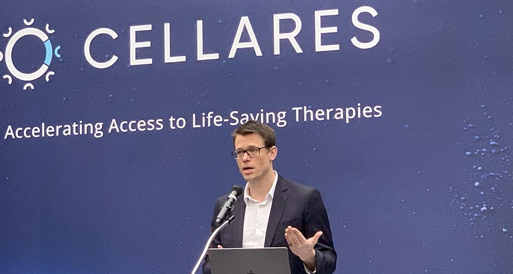Cellares CEO and co-founder Fabian Gerlinghaus speaks during the Jan. 29 ribbon cutting of Cellares' new Bridgewater facility.