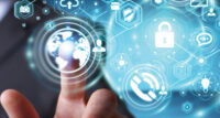 Businessman on blurred background protecting his data personal information 3D rendering