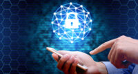 Cyber security concept. businessman using smartphone with lock network icon.