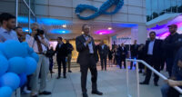 Cross River Bank founder and CEO Gilles Gade delivers remarks at a celebration for the company's new headquarters in Fort Lee on April 29, 2021.